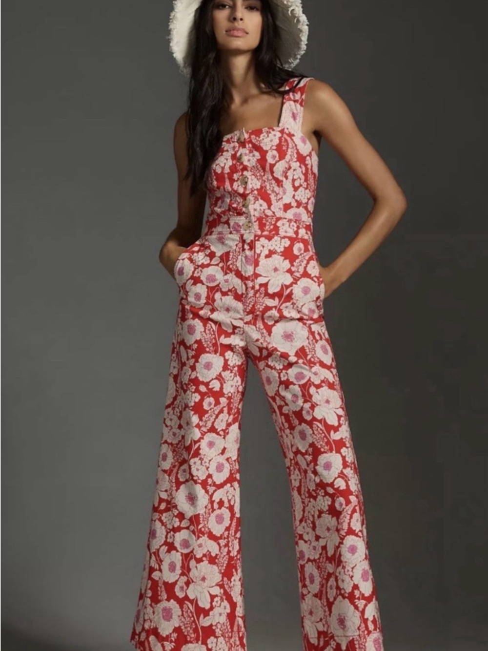 The port side button front jumpsuit by Maeve Red Floral